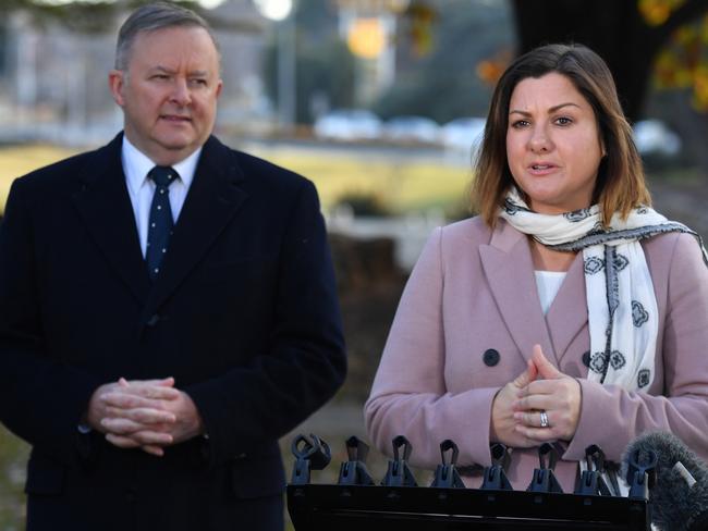 Leader of the Opposition Anthony Albanese and Labor candidate for Eden-Monaro Kristy McBain at a press conference in Queanbeyan, NSW, Wednesday, July 1, 2020. (AAP Image/Mick Tsikas) NO ARCHIVING