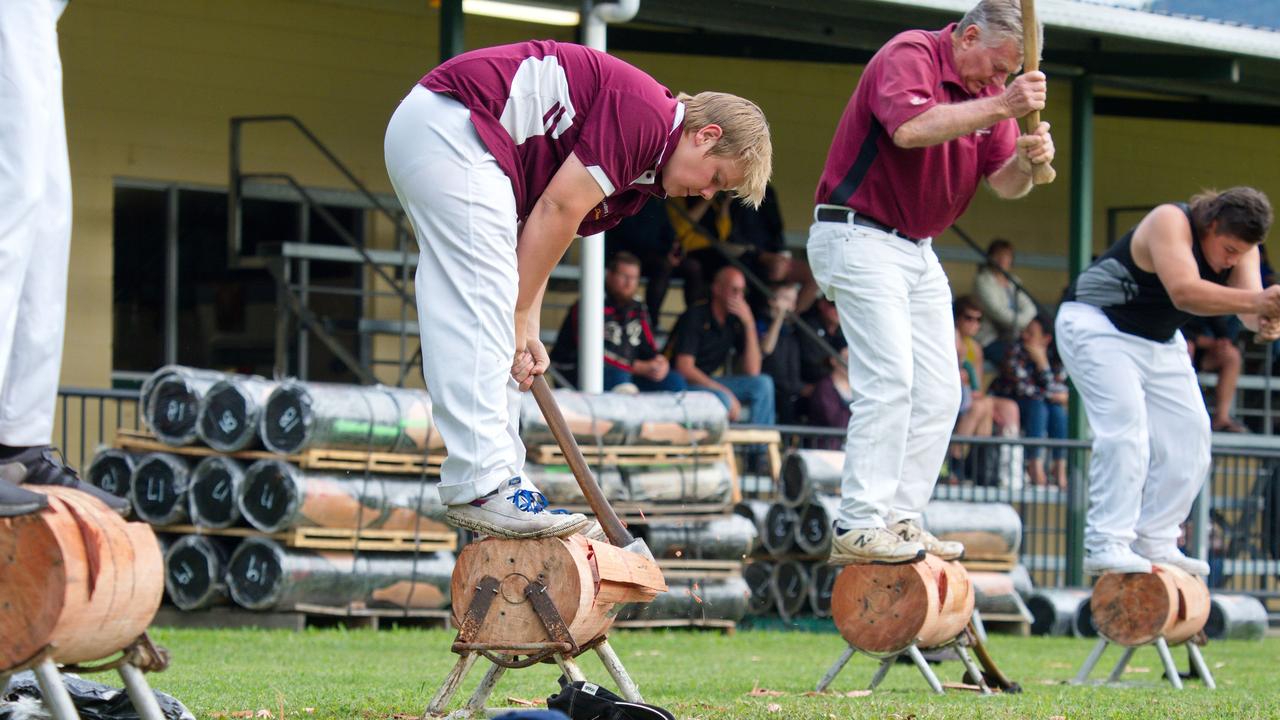 Woodchoppers in action at the Pioneer Valley Show, including fourth generation axeman 14-year-old Ryan Donnelly, front.