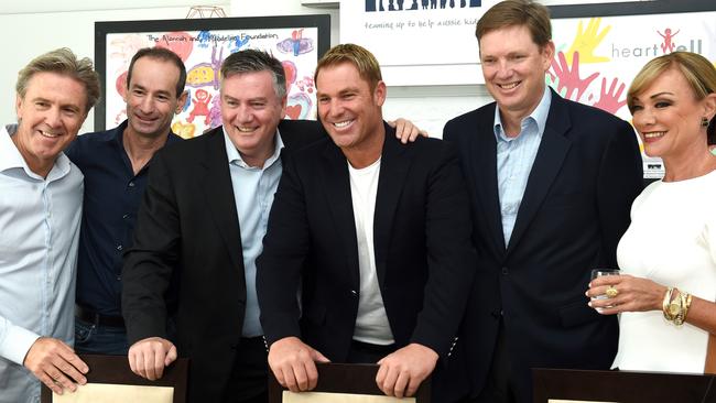 Shane Warne Foundation board members Glenn Robbins, Andrew Bassat, Eddie McGuire, Shane Warne, David Evans and Ann Peacock. Picture: Mike Keating.