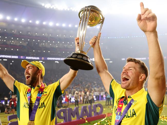 David Warner celebrates winning a second ODI World Cup alongside Glenn Maxwell. Picture: Robert Cianflone/Getty Images