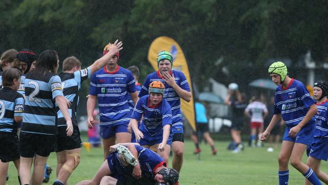 Day 1 of the King of the Country junior rugby union tournament at the Gold Coast Eagles Rugby Union Club.Maroochydore Swans (BLUE AND BLACK) vs USQ Saints (Blue ) Maroochydore Player No USQ Player No Pic Mike Batterham