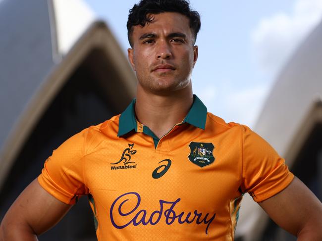 SYDNEY, AUSTRALIA - OCTOBER 29: Joseph-Aukuso Suaalii poses during the Wallabies jersey launch for the 2025 British & Irish Lions Tour at The Royal Botanic Gardens on October 29, 2024 in Sydney, Australia. (Photo by Jason McCawley/Getty Images)