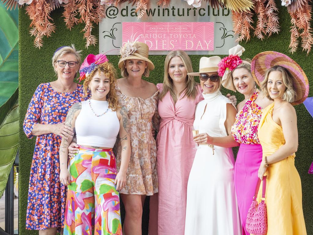 Jenny Riedel, Clara Prentice, Heidi McDonald, Emily David, Vivienne David, Nicole Wheeler and Kim Henderson at the Bridge Toyota Ladies' Day. Picture: Floss Adams