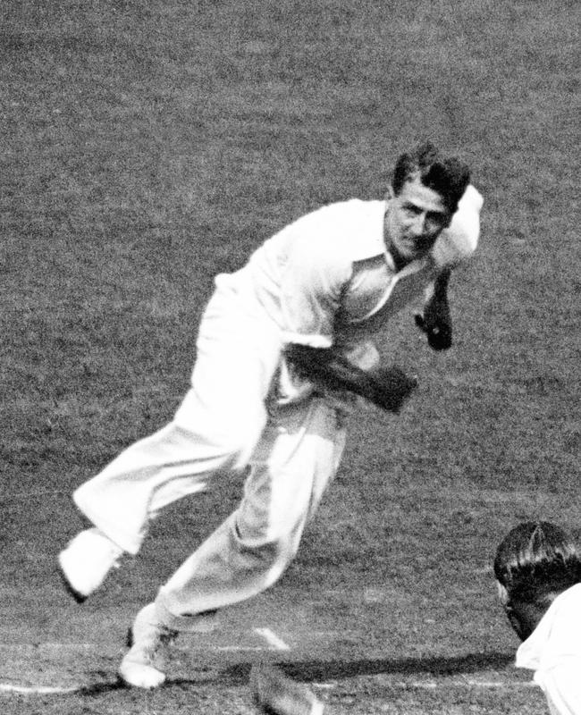 Harold Larwood, fast bowler in action during the Bodyline 1932-33 Test Series, Australia v England.