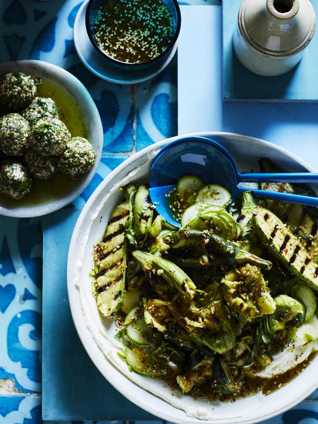 Charred zucchini with labneh with chilli Za’atar dressing. Picture: Guy Bailey