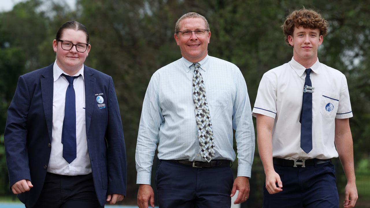 Principal Boris Croft with Dakabin High senior students Jordan Fossey and Tyson Mutch who are part of the excellence programs. Dakabin. Picture: Liam Kidston