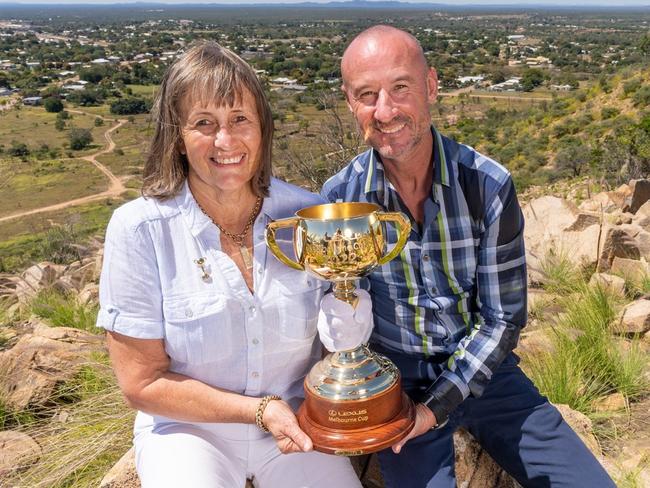 Sheila Laxon and Glen Boss on Towers Hill in Charters Towers as part of the 2022 Lexus Melbourne Cup Tour 1. Credit Jay Town