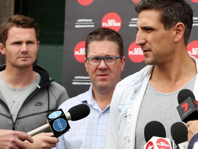 AFLPA President Matthew Pavlich, Board Member Patrick Dangerfield and CEO Paul Marsh after meeting with the AFL. Picture: Alison Wynd