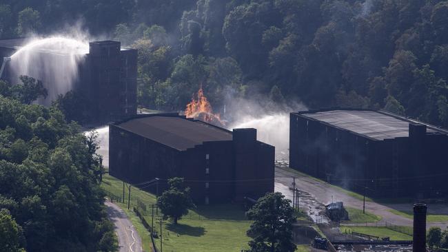 Flames and smoke rise from a bourbon warehouse fire in Kentucky. Picture: AP