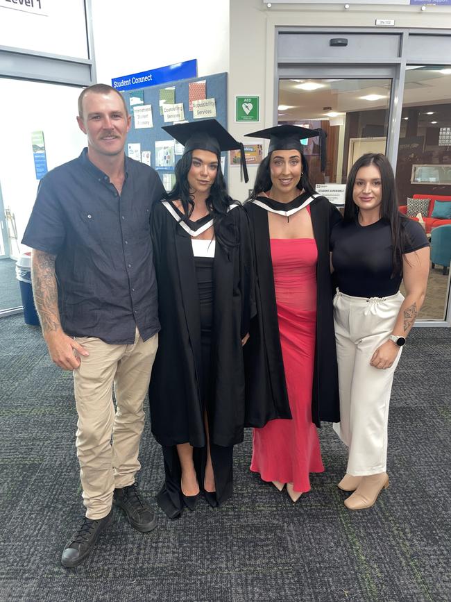 Zack Elstob, Nikayla Trewin (Bachelor of Nursing), Georgia Rettino (Bachelor of Nursing) and Amy Robinson at the Federation University Churchill Campus graduations on Tuesday, March 25, 2025. Picture: Jack Colantuono