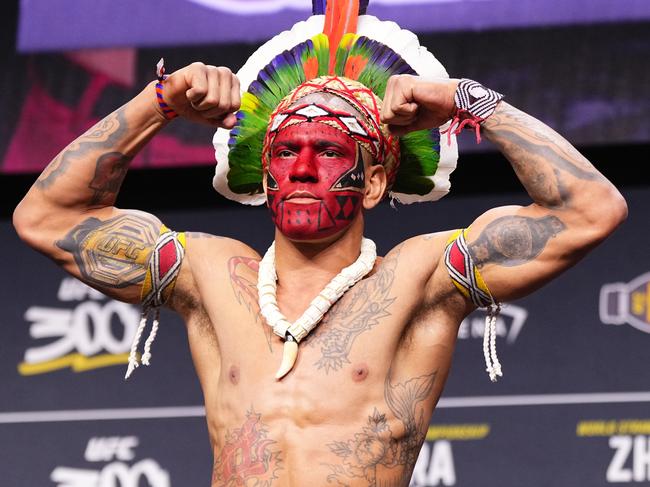 LAS VEGAS, NEVADA - APRIL 12: Alex Pereira of Brazil poses on stage during the UFC 300 ceremonial weigh-in at MGM Grand Garden Arena on April 12, 2024 in Las Vegas, Nevada. (Photo by Jeff Bottari/Zuffa LLC via Getty Images)