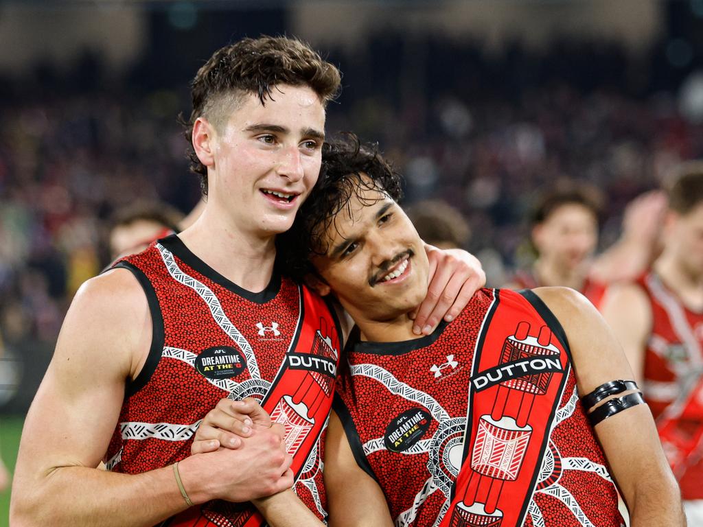 MELBOURNE, AUSTRALIA - MAY 25: Elijah Tsatas of the Bombers and Alwyn Davey Jnr of the Bombers celebrate during the 2024 AFL Round 11 match between the Richmond Tigers and the Essendon Bombers at The Melbourne Cricket Ground on May 25, 2024 in Melbourne, Australia. (Photo by Dylan Burns/AFL Photos via Getty Images)