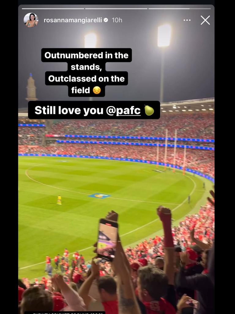 Rosanna Mangiarelli’s Instagram story Port’s preliminary final loss to the Sydney Swans. Picture: Instagram / @rosannamangiarelli