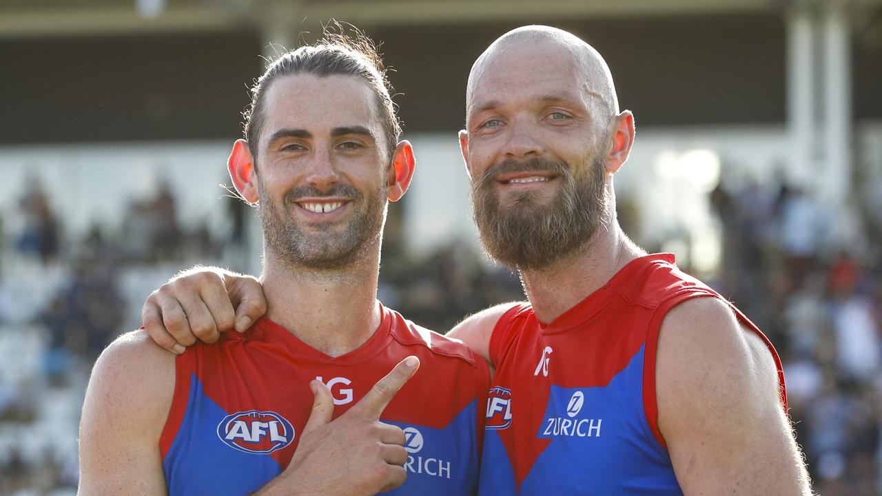 MELBOURNE, AUSTRALIA - FEBRUARY 24: Brodie Grundy and Max Gawn of the Demons pose for a photo during the 2023 AFL match simulation between the St Kilda Saints and the Melbourne Demons at RSEA Park on February 24, 2023 in Melbourne, Australia. (Photo by Dylan Burns/AFL Photos via Getty Images)