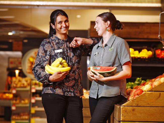 Woolworths Town Hall staff Kinjal Patel (left) and Gabrielle Duffy. Picture: Sam Ruttyn