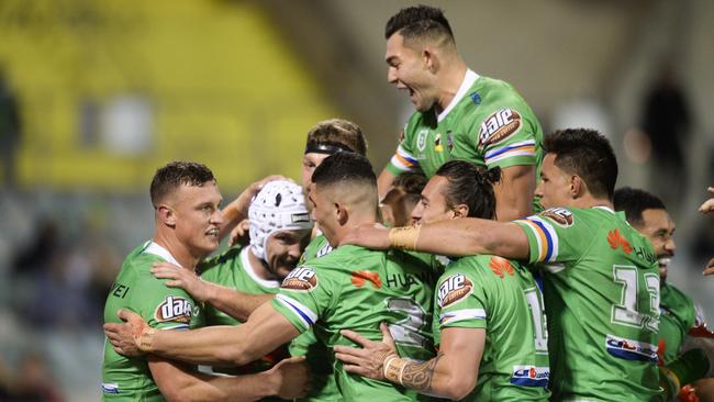 Raiders celebrate a try from Jarrod Crocker during the Round 14 NRL match between the Canberra Raiders and the Cronulla Sharks at GIO Stadium in Canberra, Thursday, June 13, 2019. (AAP Image/Rohan Thomson) NO ARCHIVING, EDITORIAL USE ONLY