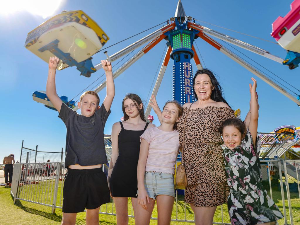 Danielle Brown with her children Max, Sienna, Olivia and Sophia enjoying the sideshows at Semaphore. Pic: Brenton Edwards