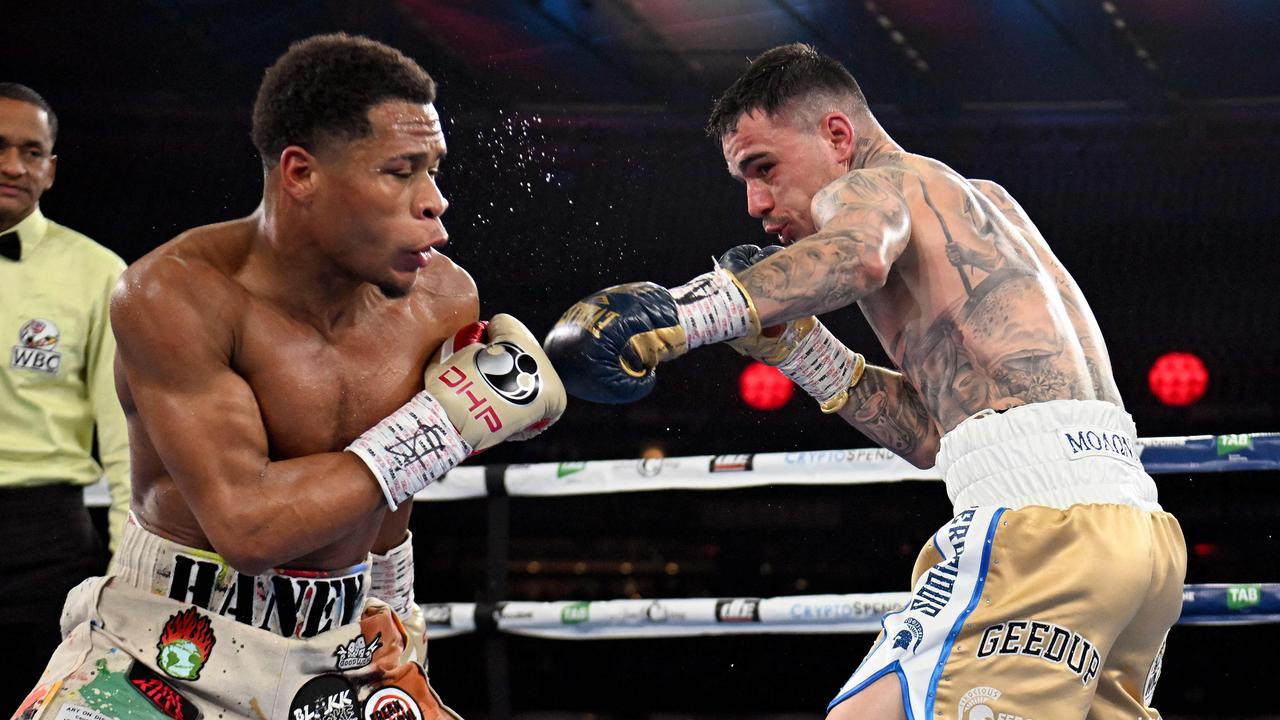 Devin Haney of the US (L) against Australia's George Kambosos (R). Picture: AFP