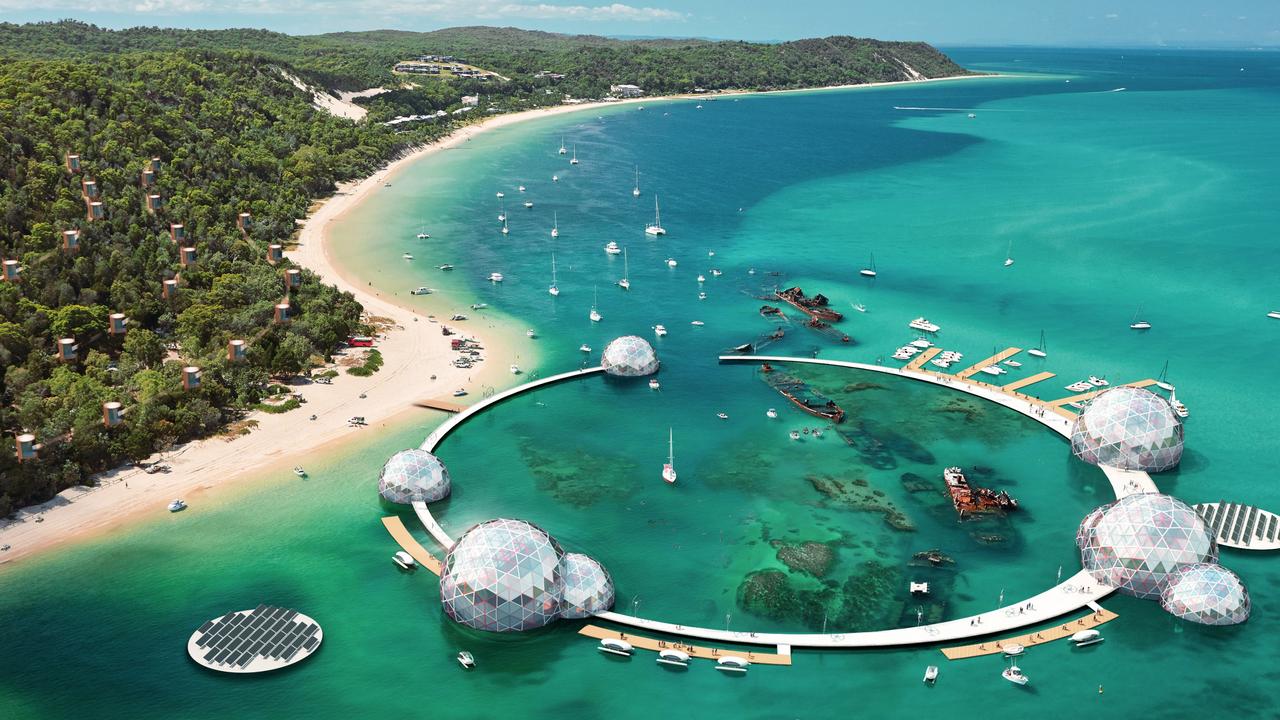 An artist’s impression of Urbis’ proposed giant aquasphere to transform the wrecks at Tangalooma into a major tourist destination.