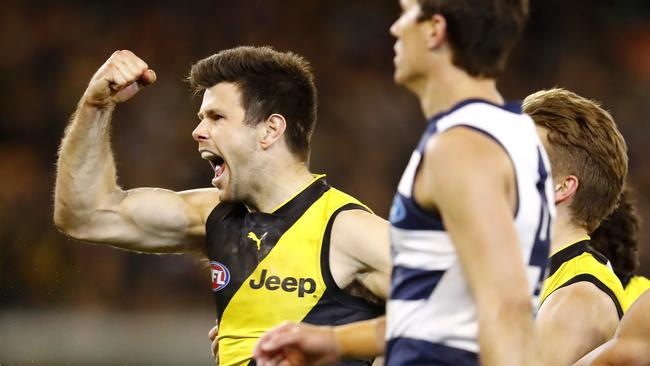 Trent Cotchin booted a memorable goal in the Tigers’ qualifying final win over the Cats. Pic: Michael Klein