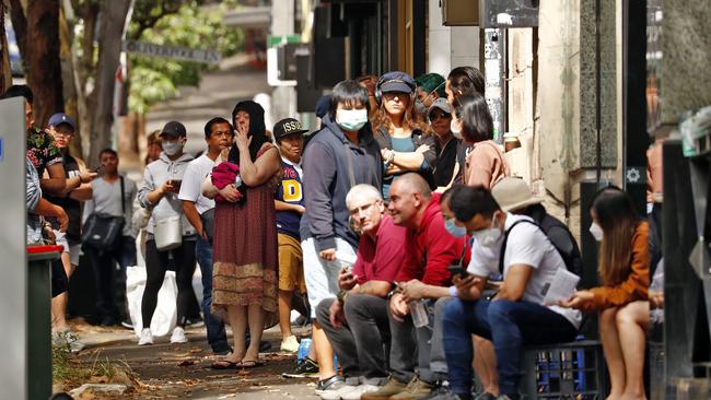 Lines of unemployed people outside Surry Hills Centrelink today as the COVID-19 pandemic causes massive job losses. Picture: Sam Ruttyn