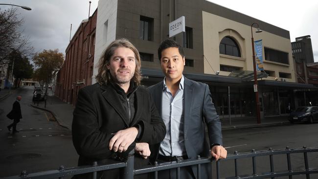 DarkLab director Leigh Carmichael with Riverlee development director David Lee at the Odeon Theatre, in Liverpool St, in 2017. Picture: LUKE BOWDEN