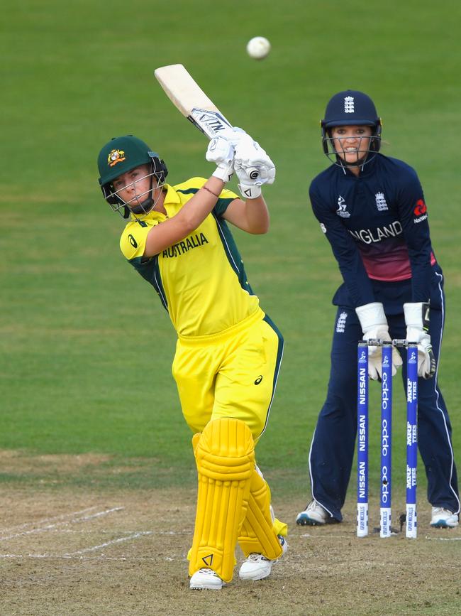 Elyse Villani hits out during the World Cup match against England.