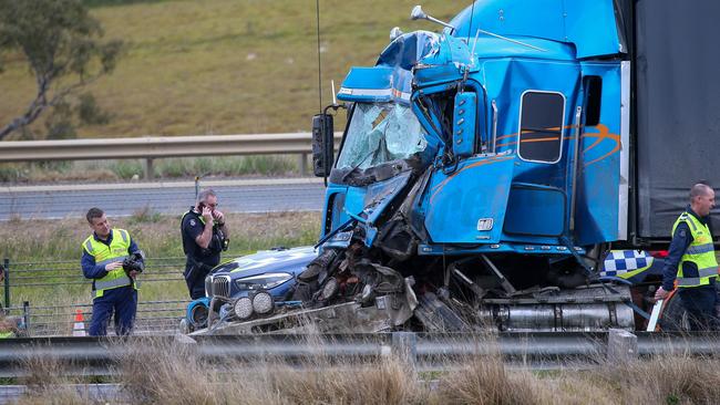 Loreto College students and staff were aboard the coach when it was ploughed into by a truck on the Western Highway at Pentland Hills. Picture: Brendan Beckett