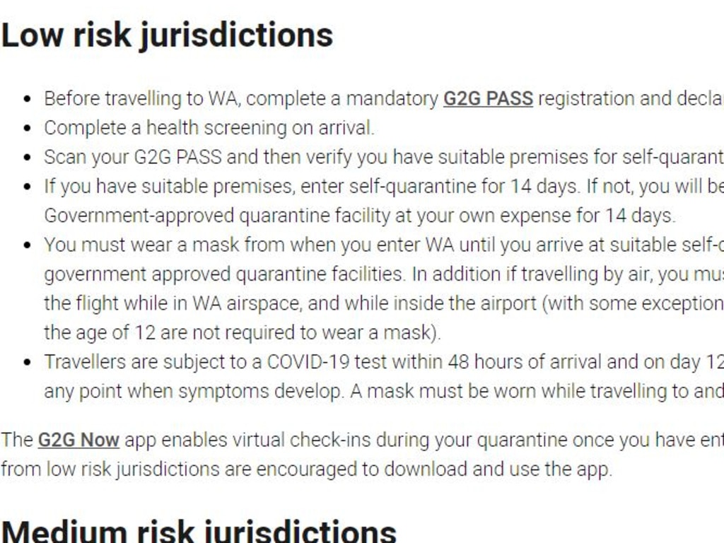 WA Health rules stipulate travellers arriving from 'low risk' areas must quarantine for 14 days. Queensland is deemed a low risk jurisdiction. Picture: WA Health