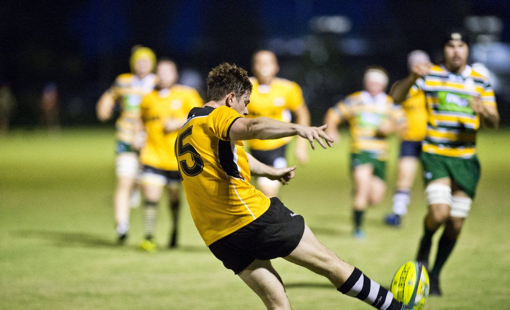 David West kicks for the Brahmans. Rugby Union, Cattleman's Cup, Darling Downs vs Central Qld Brahmans. Saturday, 3rd Mar, 2018. Picture: Nev Madsen