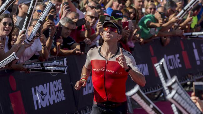 Cameron Wurf celebrates winning the IRONMAN Emilia-Romagna on September 21. Picture: Jan Hetfleisch/Getty Images for IRONMAN