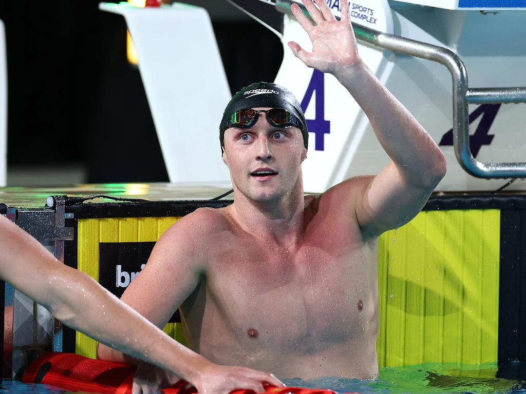 Elijah Winnington celebrates winning the men’s 400m Freestyle Final at the 2024 Australian Swimming Trials. Picture: Quinn Rooney/Getty Images