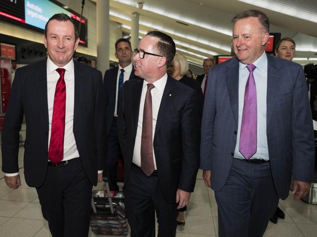 Federal Shadow Transport Minister Anthony Albanese as federal shadow transport minister with Alan Joyce in 2018. Picture: Perth Airport