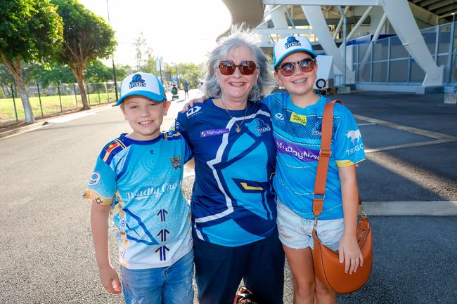 Noah and Mia Sunderland with thier Gandmother Debbie Brown turning out for Round 1 Gold Coast Titans V Dragons is Picture: Glenn Campbell