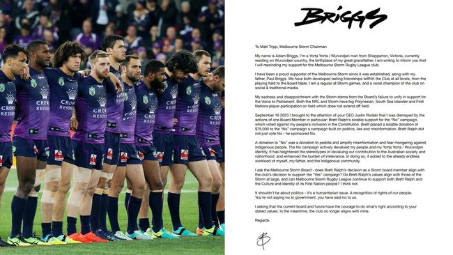 The Melbourne Storm team from 2016 and the letter sent by the rapper.