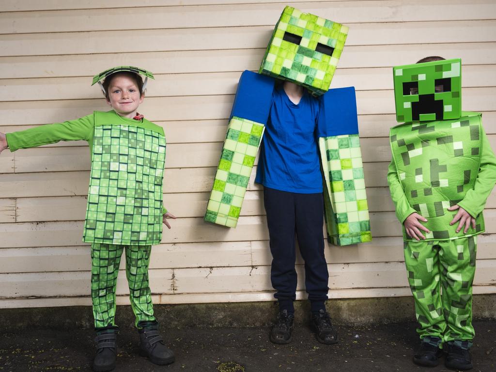 Minecraft characters (from left) Harrison McNab, Harvey Rasmussen and Carter Everson for Book Week at Rangeville State School, Friday, August 25, 2023. Picture: Kevin Farmer