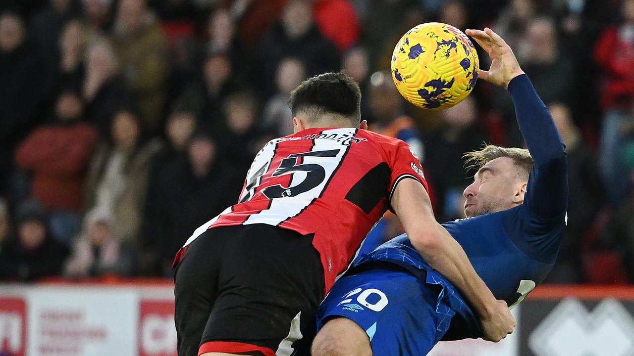 SHEFFIELD, ENGLAND - JANUARY 21: Anel Ahmedhodzic of Sheffield United clashes with Jarrod Bowen of West Ham United during the Premier League match between Sheffield United and West Ham United at Bramall Lane on January 21, 2024 in Sheffield, England. (Photo by Clive Mason/Getty Images)