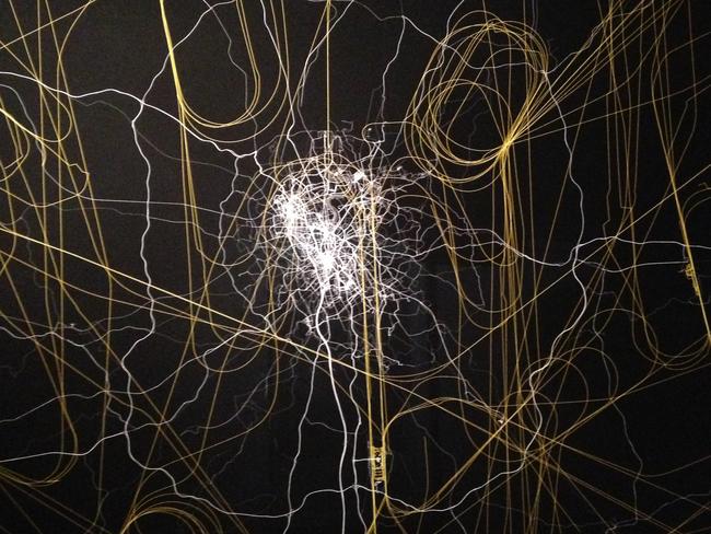 Artist Jeremy Wood carried a GPS in his pocket for 16 years and produced this piece called “My Ghost”. The lines in yellow are flightpaths and the white is journeys by car or on foot. Picture: British Library.