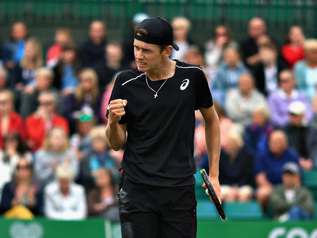 NOTTINGHAM, ENGLAND - JUNE 17:  Alex De Minaur of Australia reacts in the Mens Singles Final during Day Nine of the Nature Valley Open at Nottingham Tennis Centre on June 17, 2018 in Nottingham, United Kingdom.  (Photo by Ben Hoskins/Getty Images for LTA)