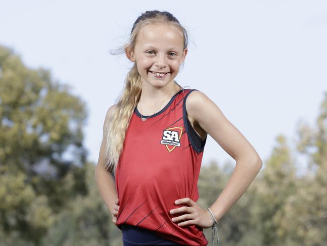 ADELAIDE, AUSTRALIA - Advertiser Photos NOVEMBER 21, 2023: Tilly Williams, 11, has broken a record for fastest 5000m run at the SA State Championships Women's 5000m Open A-grade Final on Friday, November 17. Picture:  Emma Brasier