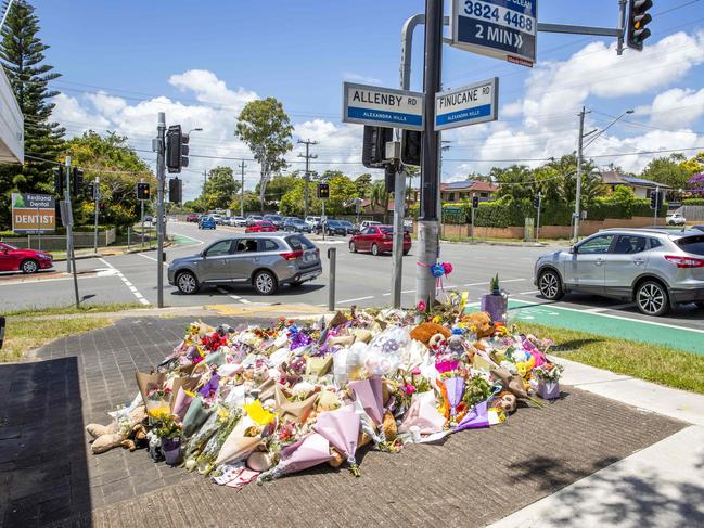 Flowers for Kate Leadbetter and Matthew Field at the intersection of Vienna and Finucane Roads at Alexandra Hills. Picture: Richard Walker