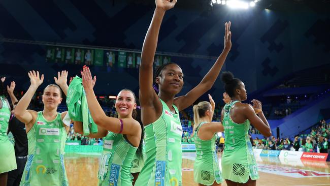 PERTH, AUSTRALIA - JUNE 30: Shanice Beckford of the Fever acknoladges the crowd after the win during the round 12 Super Netball match between West Coast Fever and Giants Netball at RAC Arena, on June 30, 2024, in Perth, Australia. (Photo by James Worsfold/Getty Images)