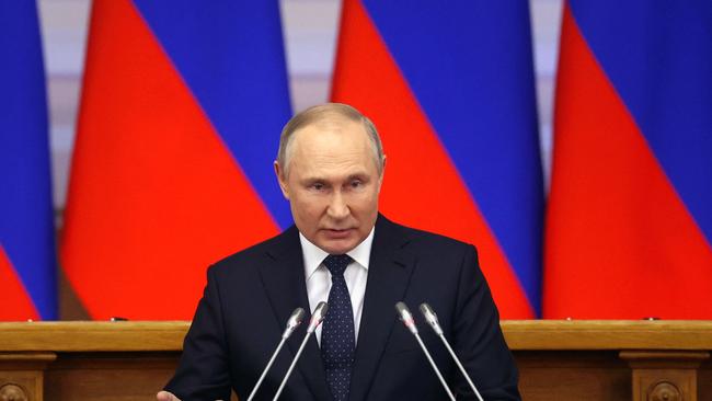 Russian President Vladimir Putin gives a speech at a meeting of advisory council of the Russian parliament in Saint Petersburg yesterday. Picture: Alexandr Demyanchuk / SPUTNIK / AFP