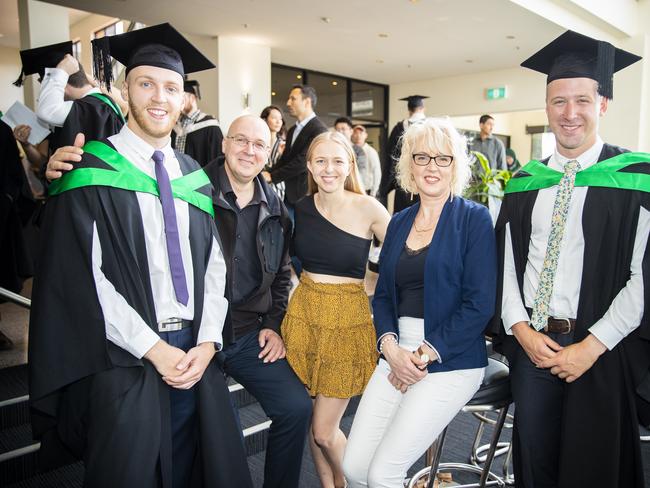 Gabe Dennison, Rob McLaren, Holly McLaren, Tania McLaren and Luis McLaren. University of Tasmania Hobart Graduations 2019, Wednesday morning. Picture: RICHARD JUPE