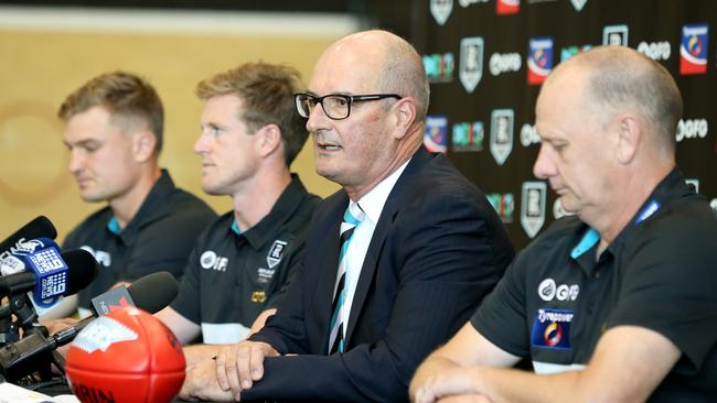 Port Adelaide president David Koch announces Tom Jonas as its solo captain for 2020. Picture: Kelly Barnes (AAP).