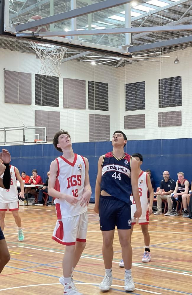 Harry McAuliffe (left) in action during Ipswich Grammar's round 5 clash against Brisbane State High.