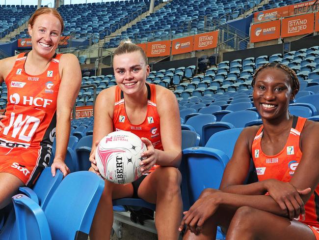 WEEKEND TELEGRAPHS SPECIAL. APRIL 12, 2024. PLEASE CONTACT WEEKEND PIC EDITOR JEFF DARMANIN BEFORE PUBLISHING.Pictured at Ken Rosewall Arena are Giants players Sam Winders, Tilly McDonell and Jodi-Ann Ward, ahead of the opening game of the Netball season this weekend. Picture: Tim Hunter.