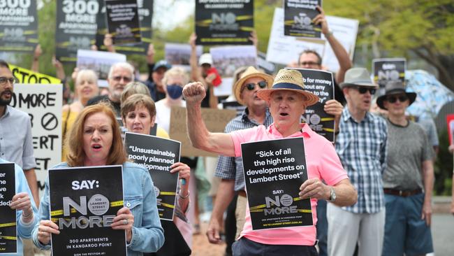 Locals block Lambert St on Wednesday morning. Picture: Peter Wallis