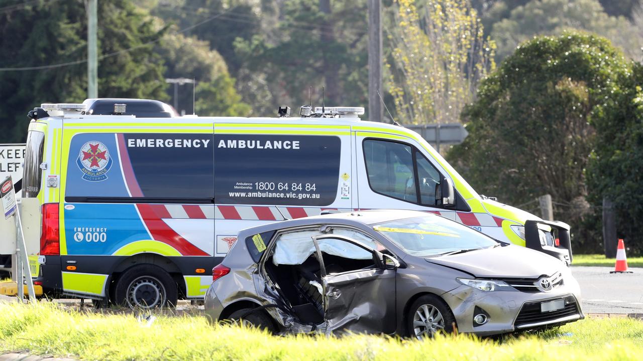 Two car crash at the junction of Whitehorse Road and Bellarine Highway, Moolap. Picture: Alan Barber