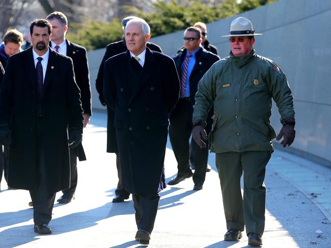 Mr Turnbull was then given a tour of the Martin Luther King Memorial in Washington DC by Park Ranger Mike Balis. Picture: Nathan Edwards